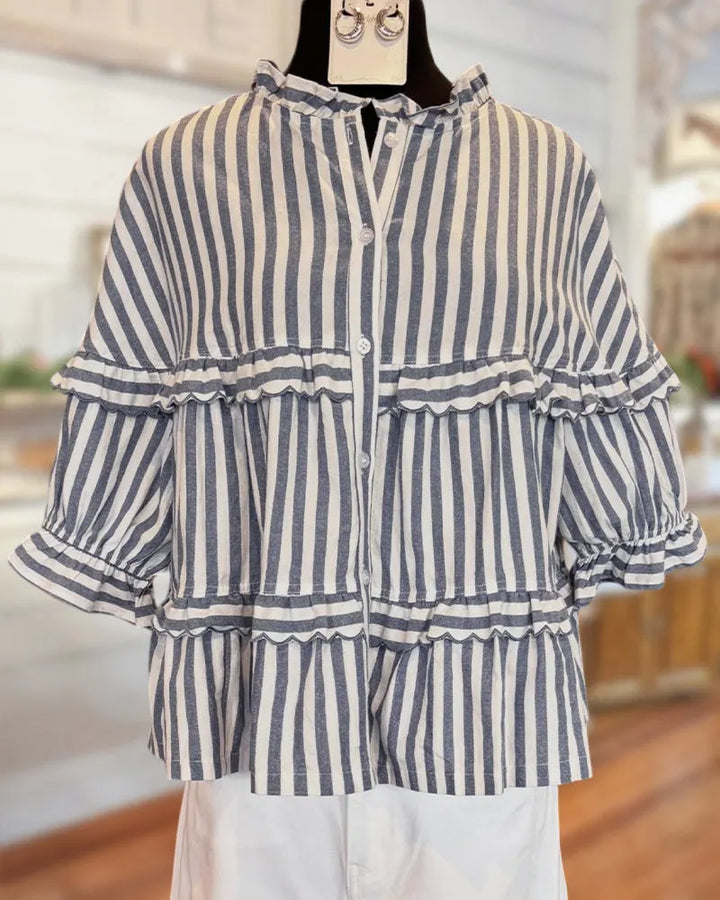 Ruffled Tiered Button Front Stand Collar 3/4 Sleeve Blouse