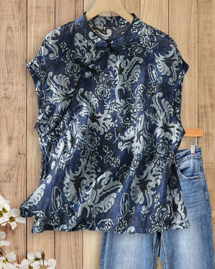 Mandarin Collar Frog Button Loose Printed Cap Sleeve Blouse