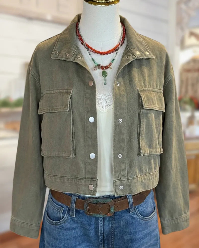 Long Sleeve Cropped Collared Button Front Jacket with Flap Pockets
