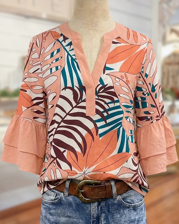 Tropical Tiered Flare Sleeve Blouse