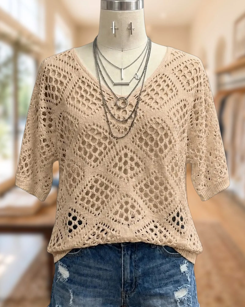 V Neck Crocheted Half Sleeve Cutout Loose Casual Blouse