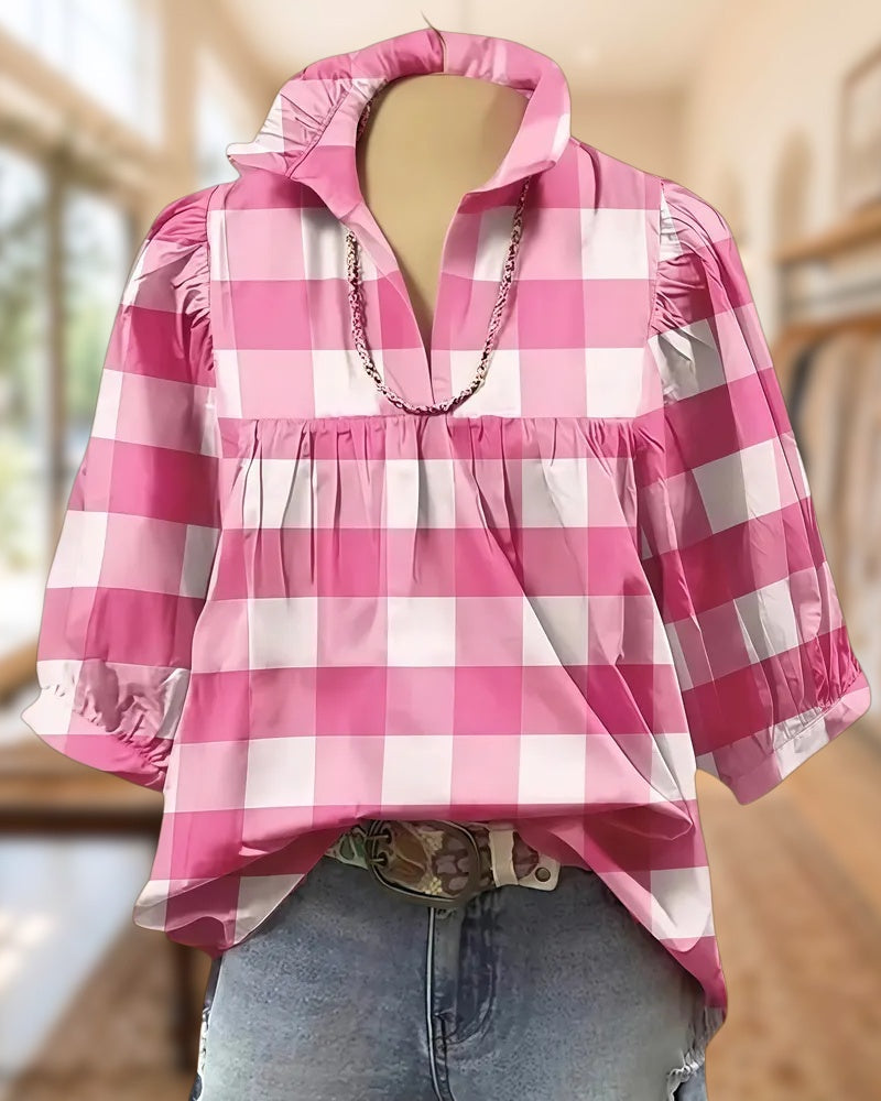 Gingham V Neck Pretty Blouse