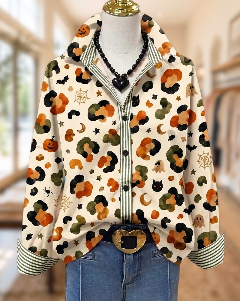 Halloween Print Striped Trim Button Front Long Sleeve Fun Festive Shirt