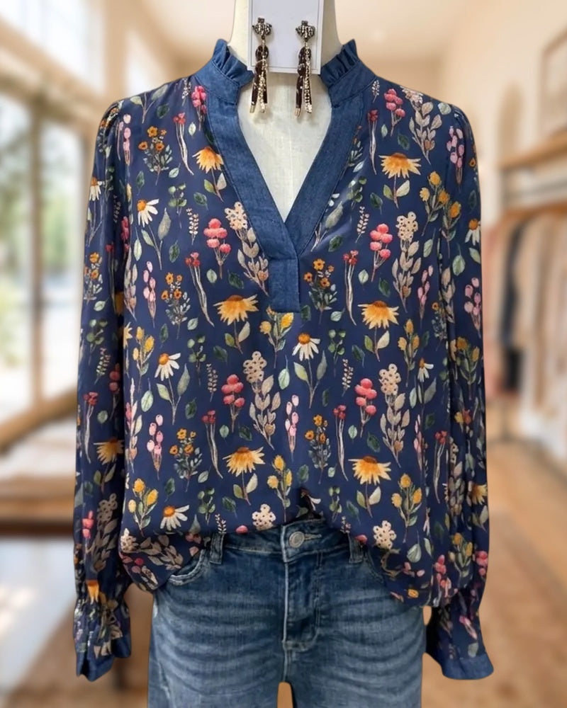 Floral Print Ruffle Trim V Neck Long Sleeve Blouse