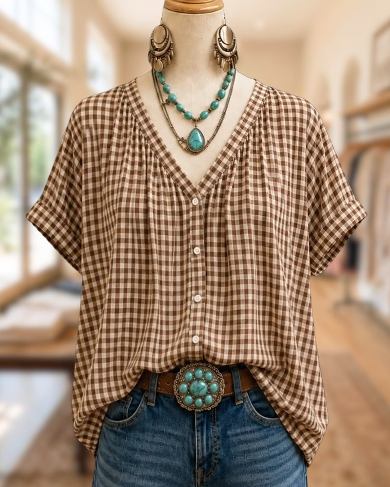 Plaid V Neck Button Front Loose Short Sleeve Blouse