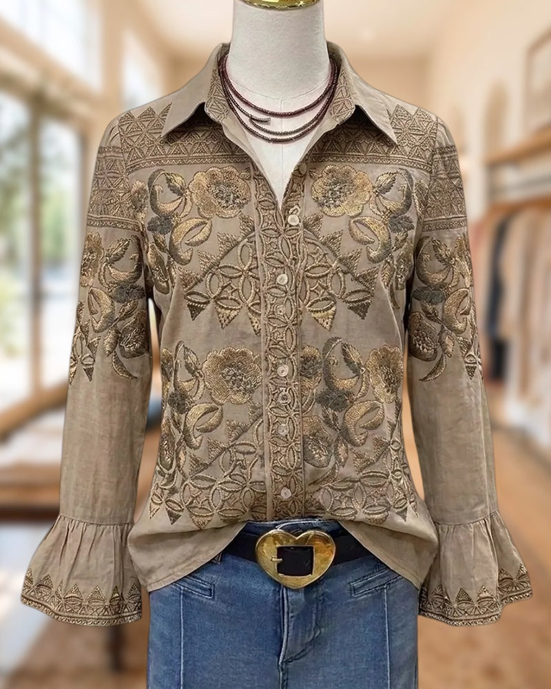 Floral Print Flare Sleeve Collared Button Front Casual Blouse