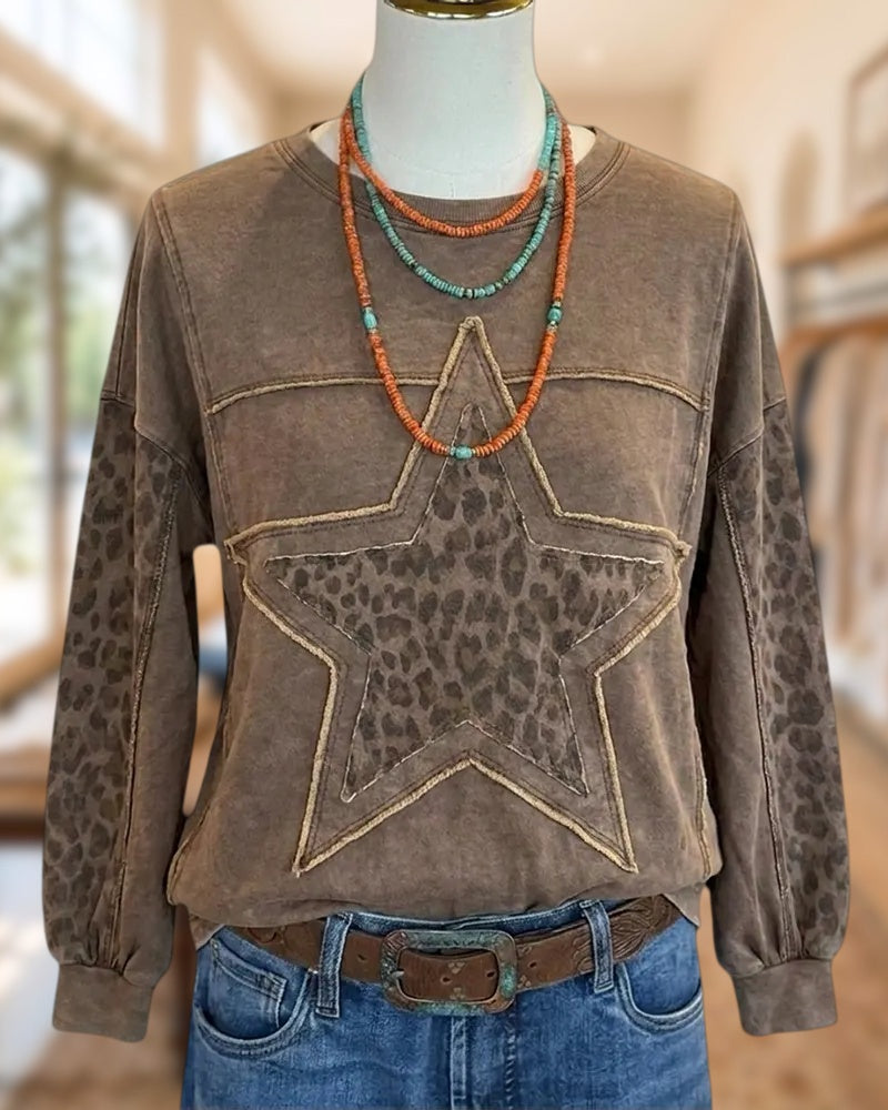 Leopard Star Applique Crew Neck Top