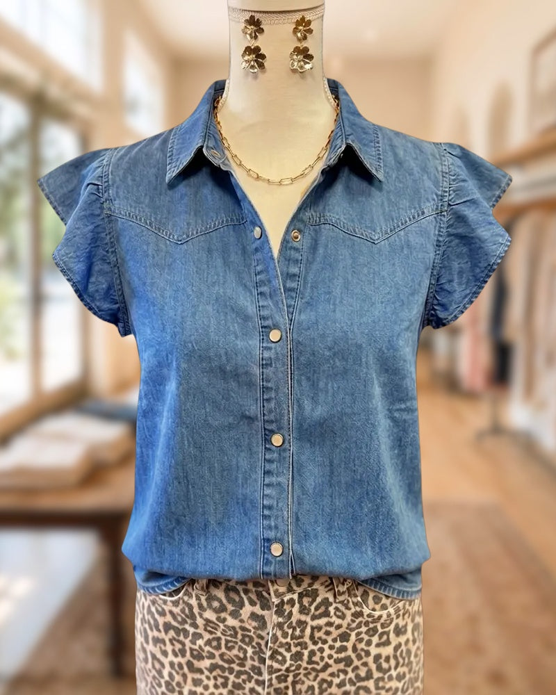 Collared Button Front Flutter Sleeve Casual Everyday Denim Shirt