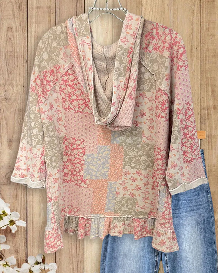 Patchwork Hooded Drawstring Ruffle Hem 3/4 Sleeve Top