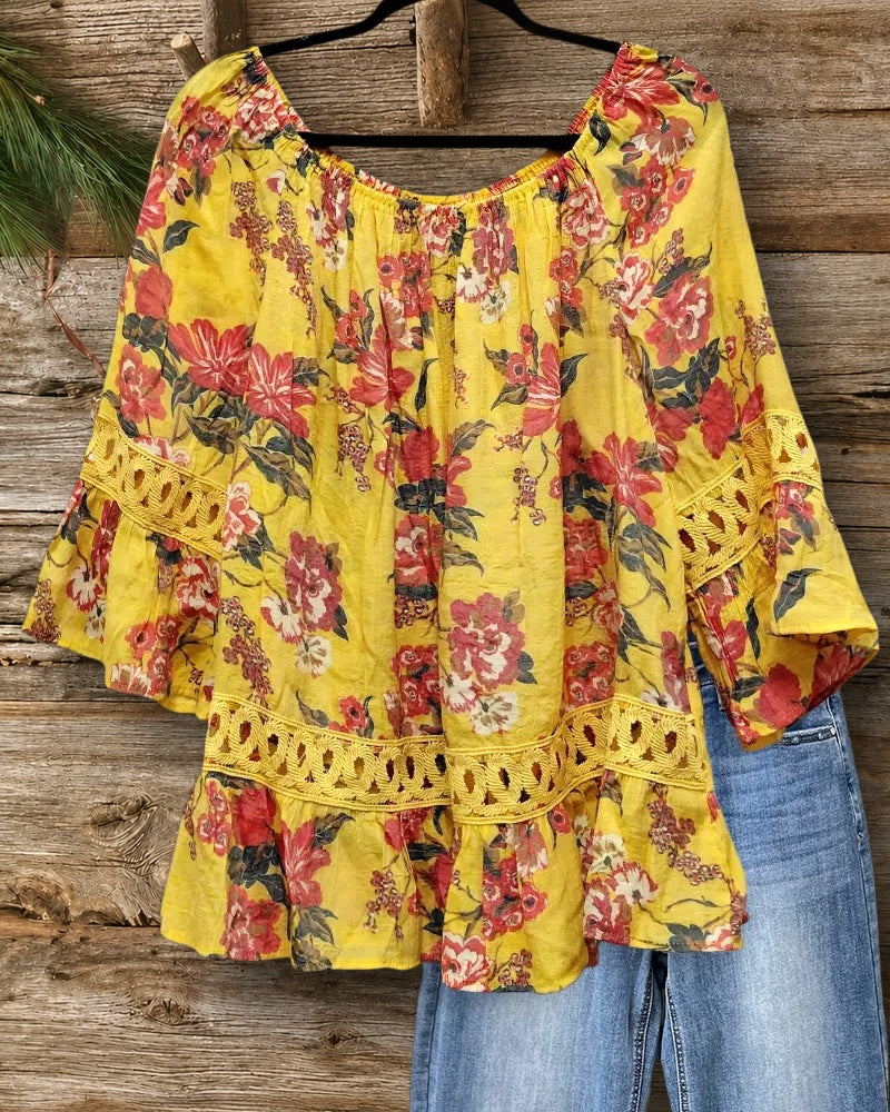 Floral Print Bell Sleeve Lace Insert Ruffled Trim Flowy Blouse