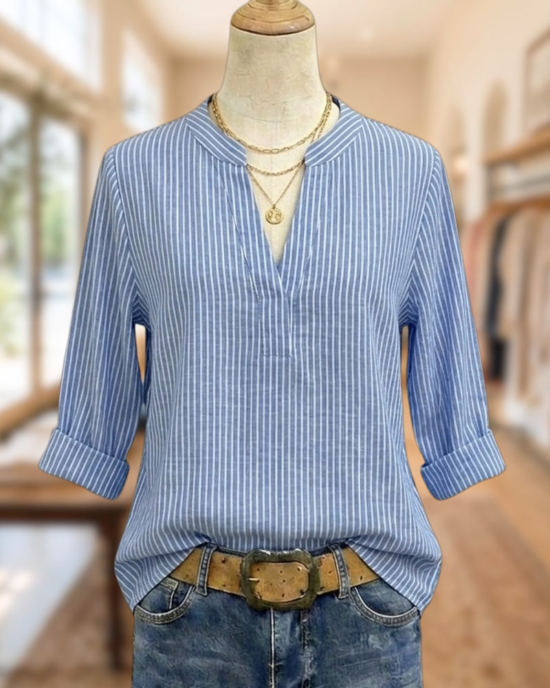 Striped V Neck Long Sleeve Modern Blouse