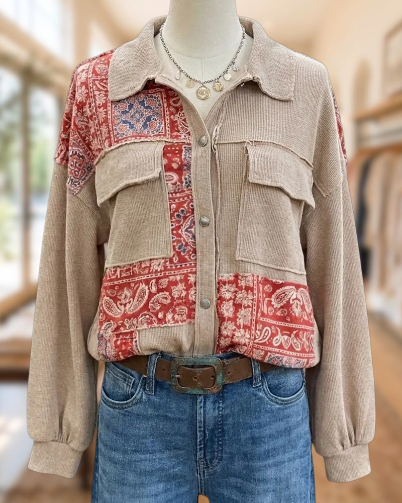 Patchwork Collared Button Front Long Sleeve Flap Pocket Shirt