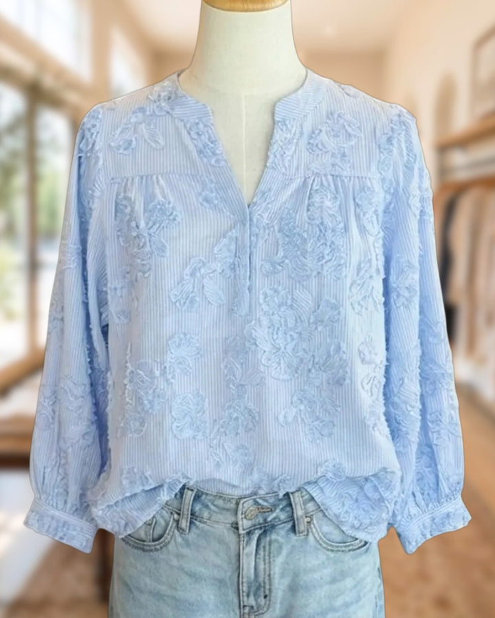 Embroidered Striped Split Neck 3/4 Sleeve Loose Fit Blouse