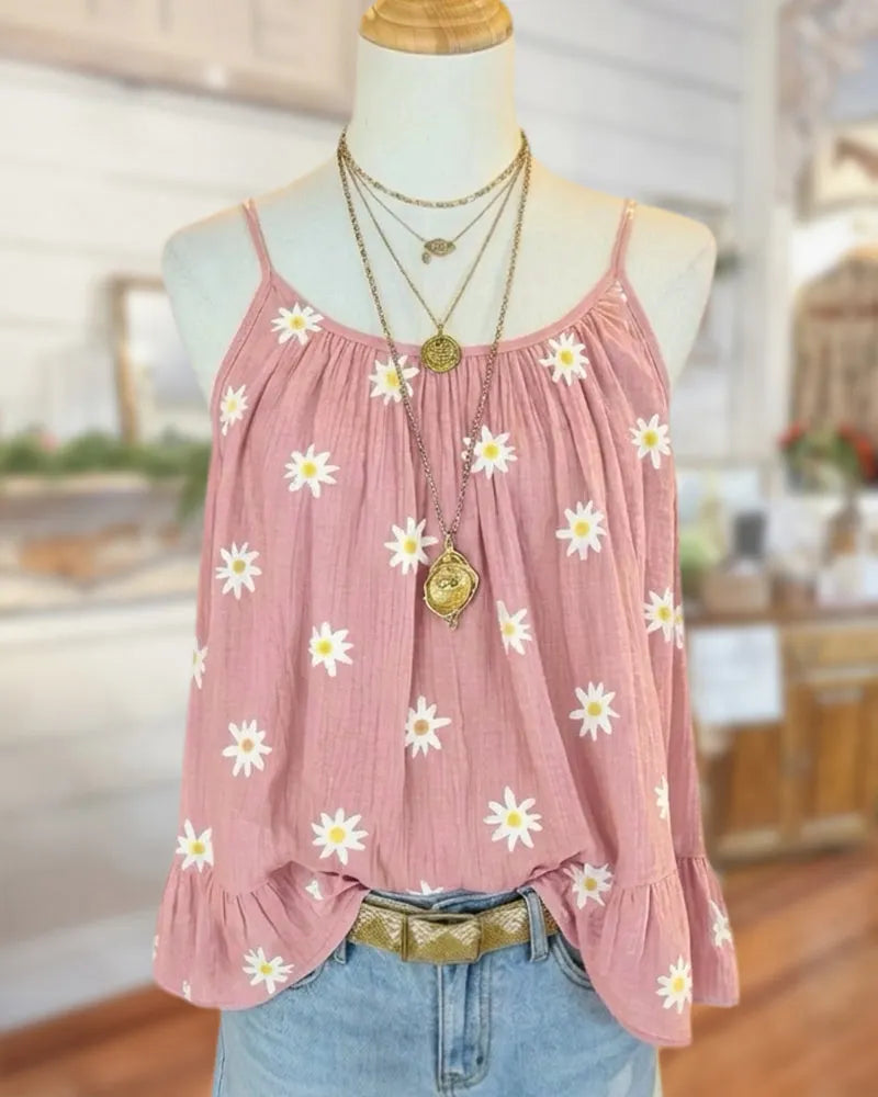 Daisy Printed Spaghetti Strap Ruffled Hem Cami Top