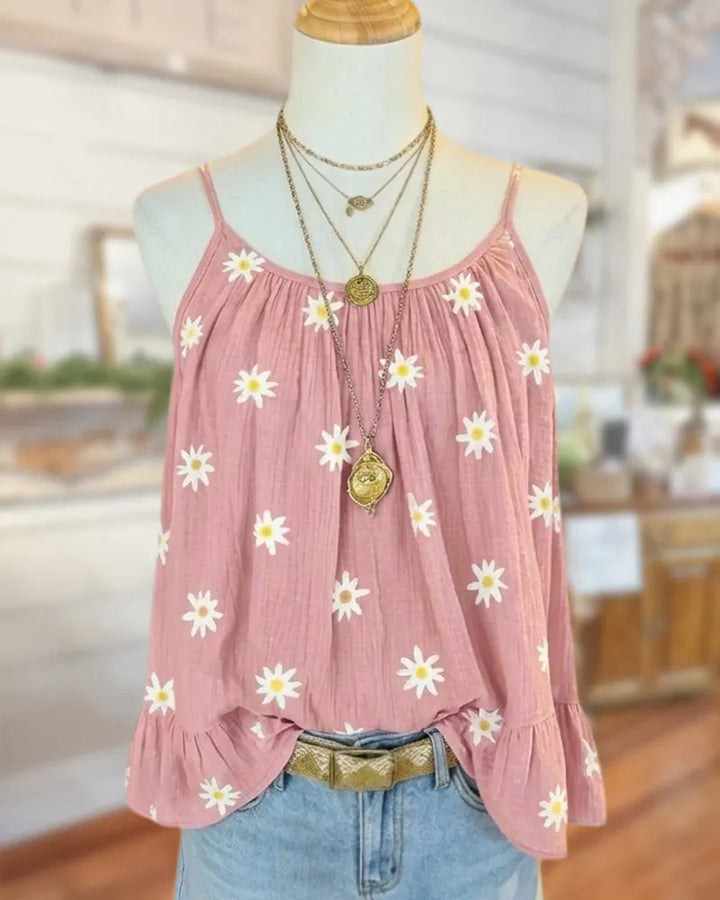 Daisy Printed Spaghetti Strap Ruffled Hem Cami Top