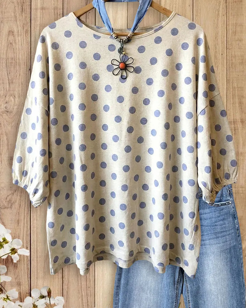 Polka Dot Boat Neck Dolman Sleeve Loose Casual Blouse