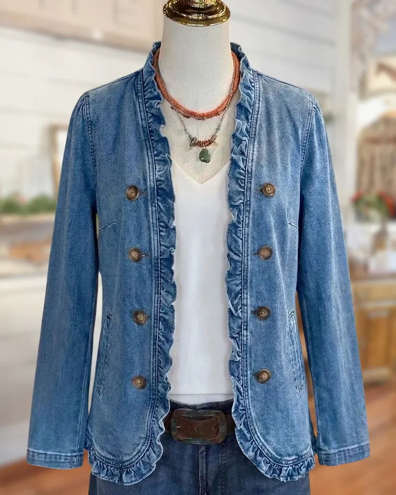 Ruffle Trim Button Front Double Breasted Long Sleeve Jacket