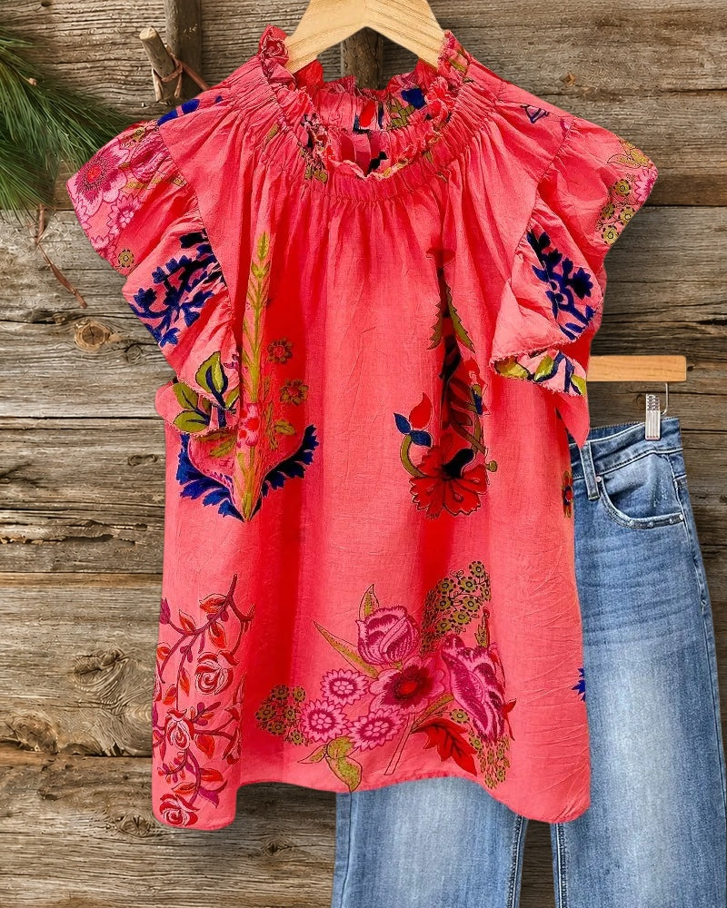 Floral Print Relaxed Ruffle Sleeve T-Shirt