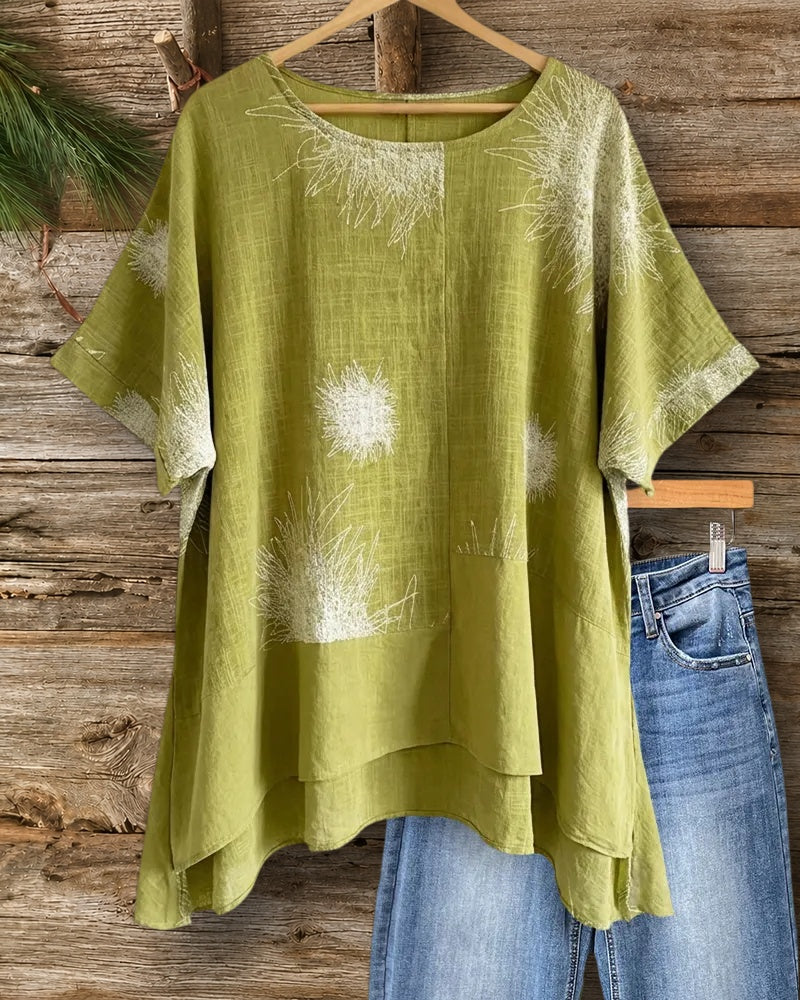 Abstract Dandelion Print Short Sleeve Flowy Loose Casual Blouse