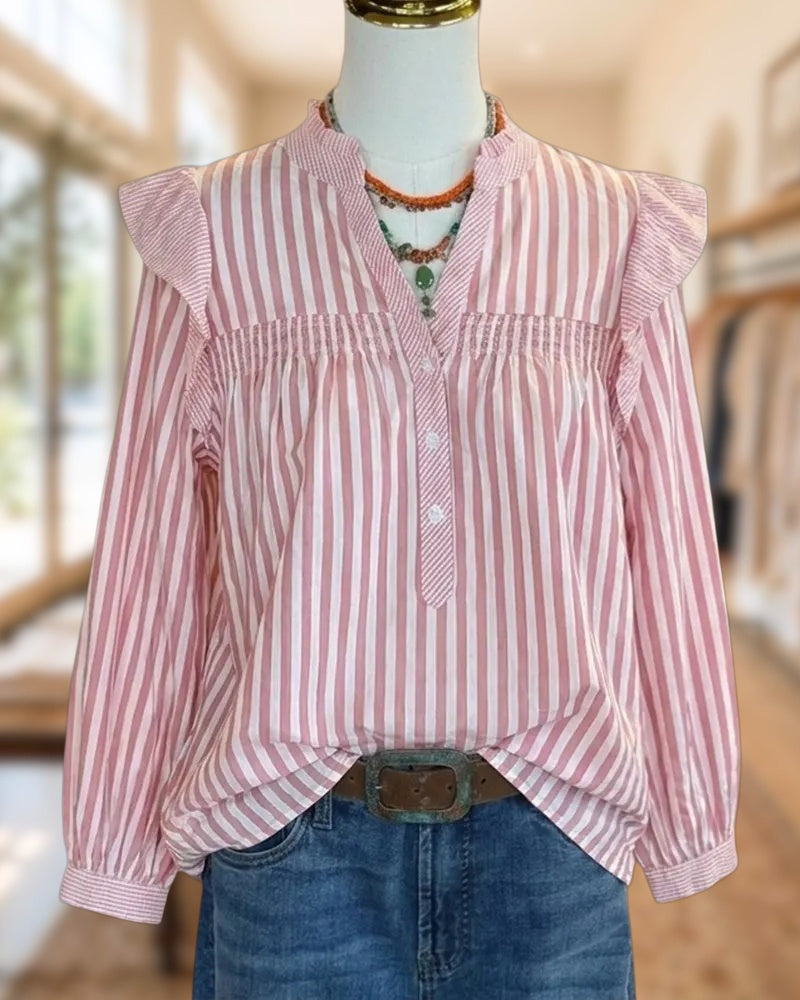 Ruffle Shoulder Striped Smocked Yoke Half Button Long Sleeve Blouse