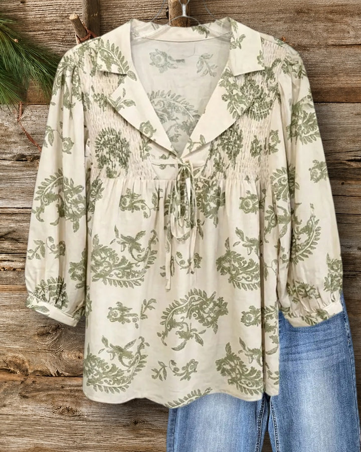 Collared Tie Front Smocked Botanical Print 3/4 Sleeve Blouse