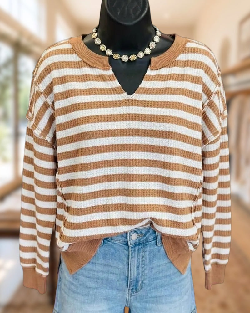 Striped Waffle Knit Notch V Neck Long Sleeve Top