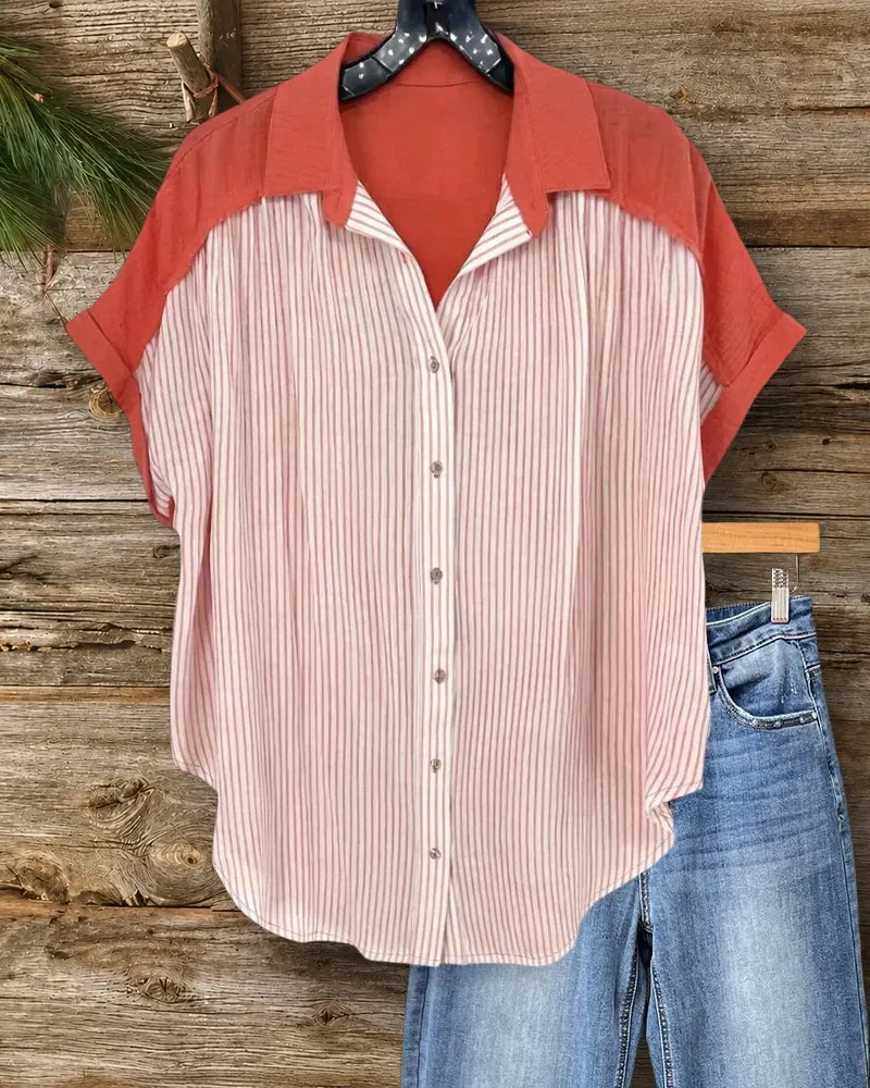 Contrast Yoke Striped Collared Short Sleeve Button Up Shirt