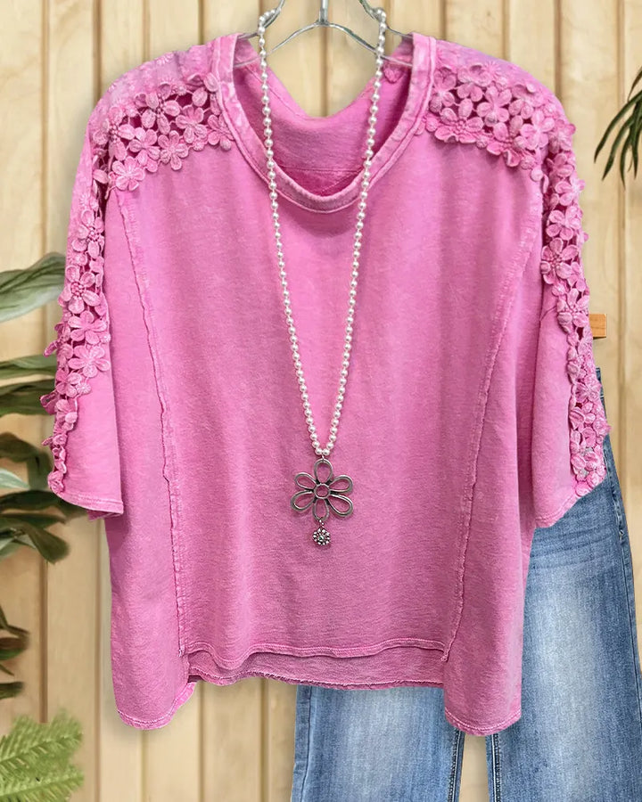 Solid Color Lacy Insert Pretty Round Neck Shirt