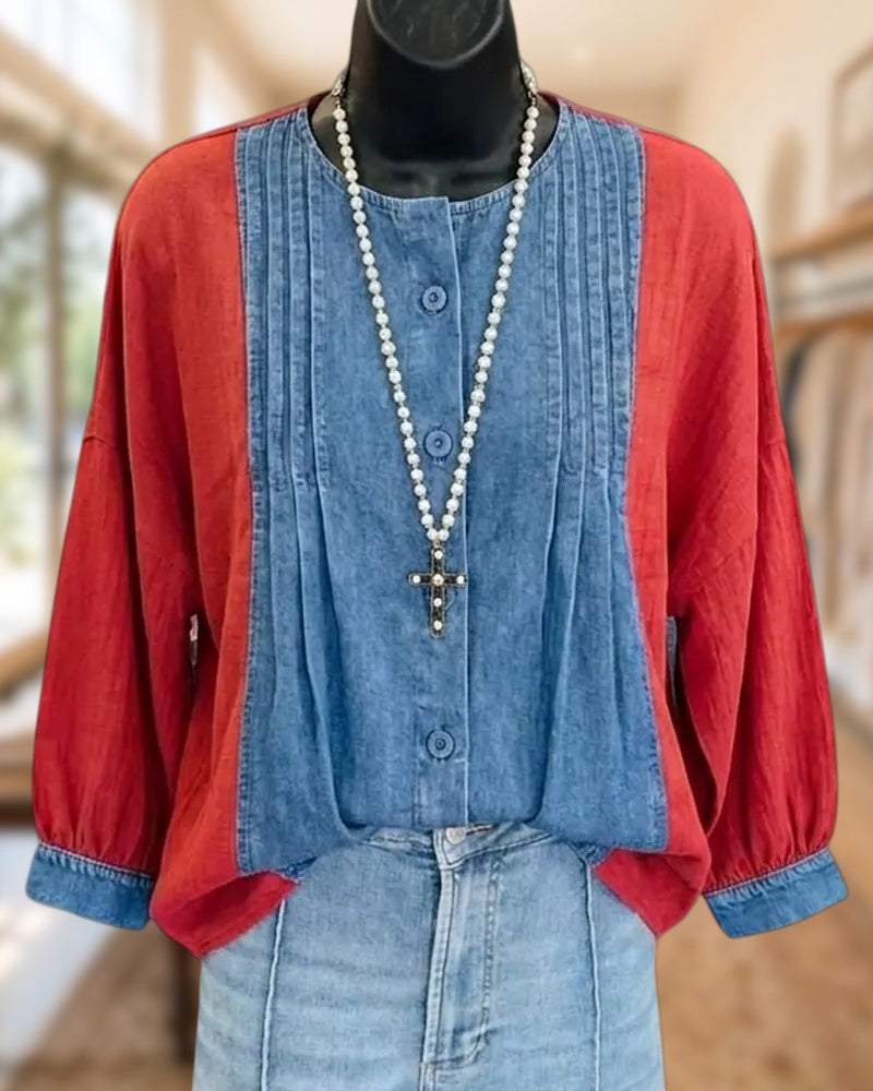 Denim Panel Pleated Button Front Gathered Cuff Loose Blouse