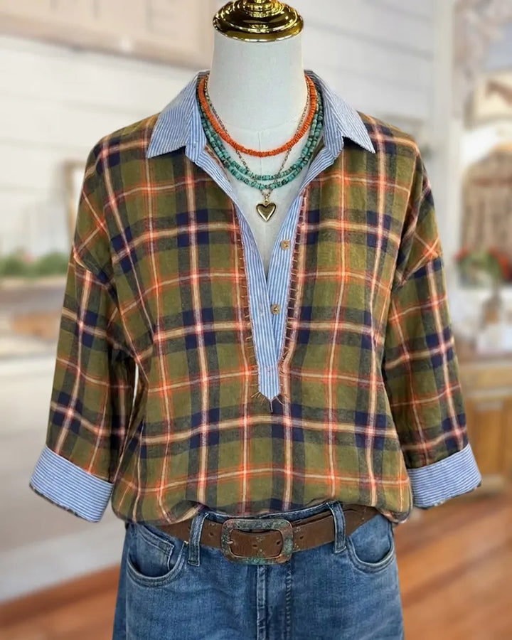 Contrast Trim Plaid Partial Placket 3/4 Sleeve Casual Shirt