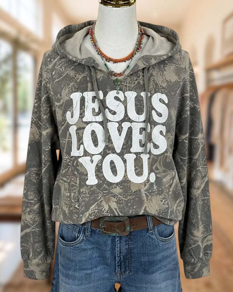 Jesus Loves You Slogan Camo Print Cropped Drawstring Hoodie