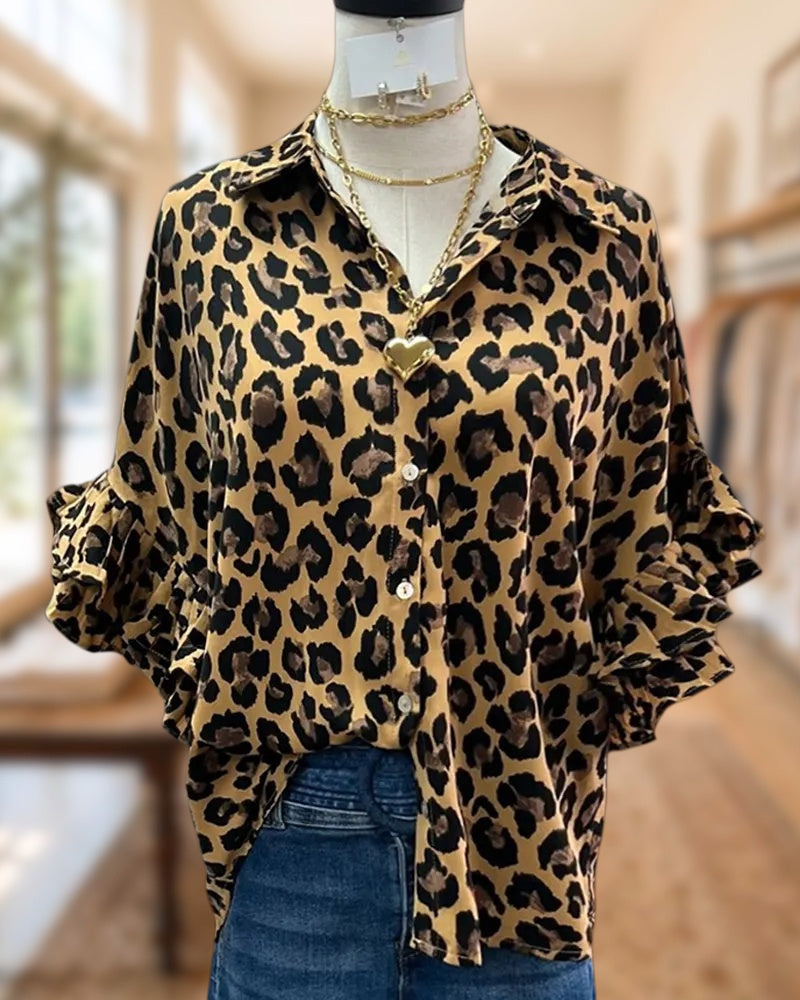 Leopard Print Collared Ruffle Sleeve Button Front Flowy Blouse