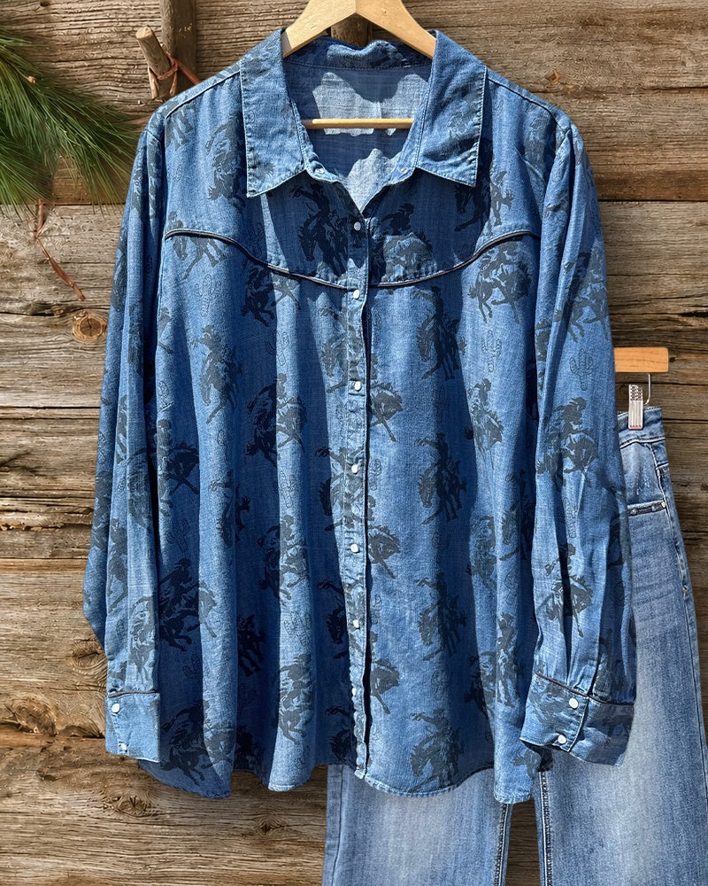Bronc Rider Print Retro Button Down Denim Shirt
