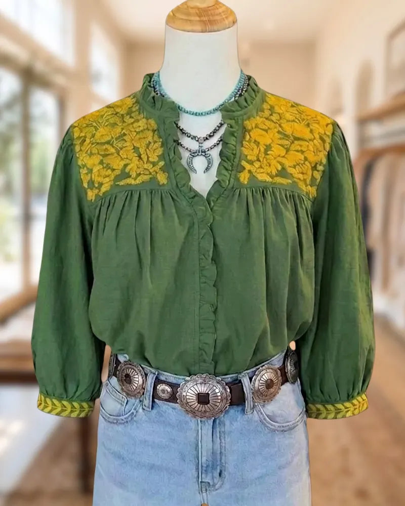 Embroidered Yoke Ruffle Trim V Neck Gathered 3/4 Sleeve Blouse