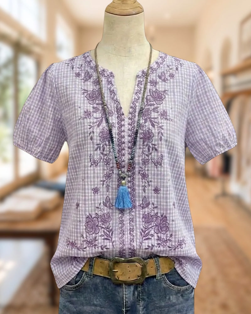 Gingham Embroidered V-Neck Short Sleeve Relaxed Fit Casual Blouse