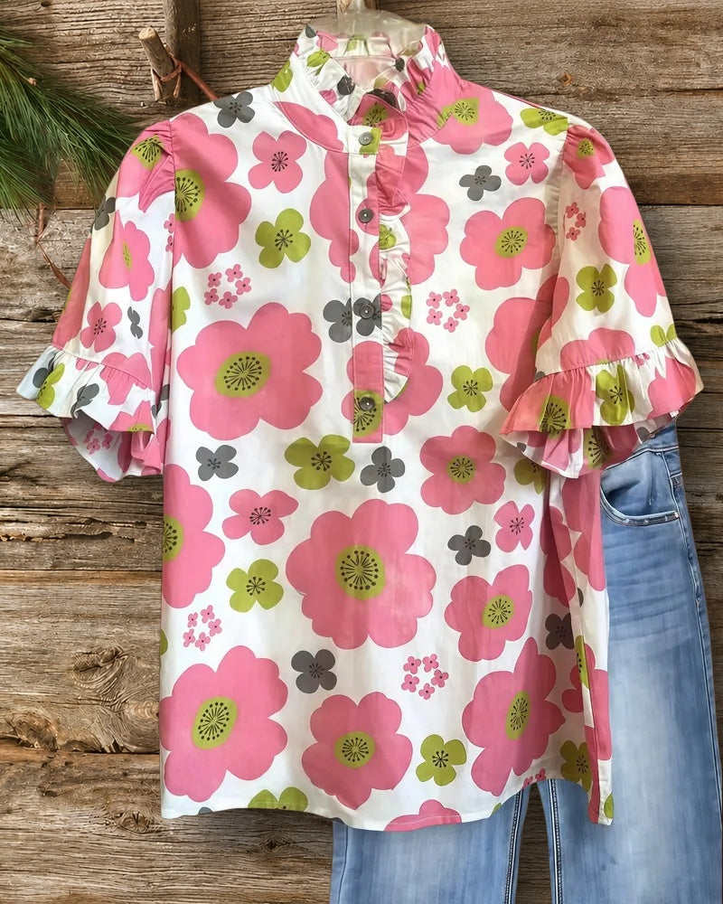 Floral Print Sweet Ruffles Trim T-Shirt