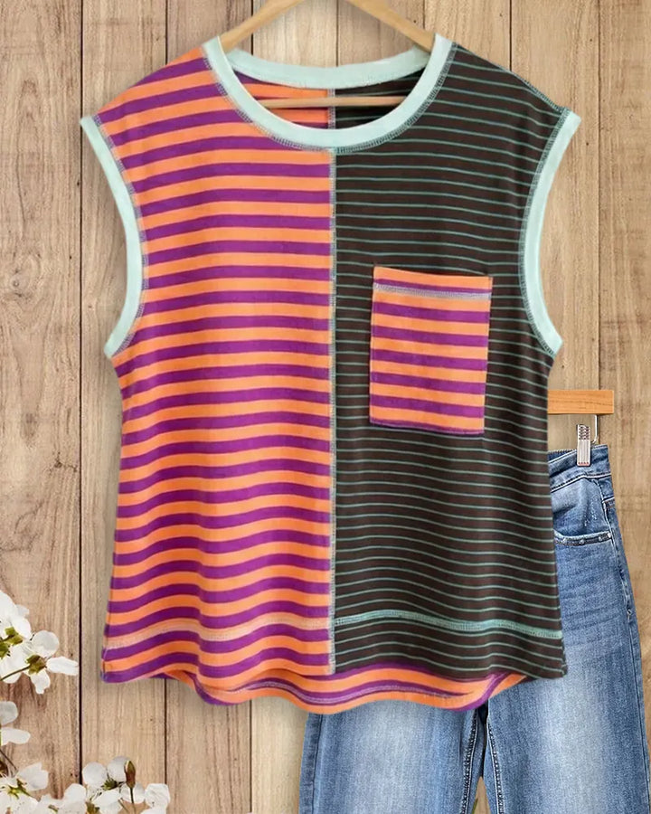 Contrast Trim Spliced Striped Patch Pocket Casual Tank Top
