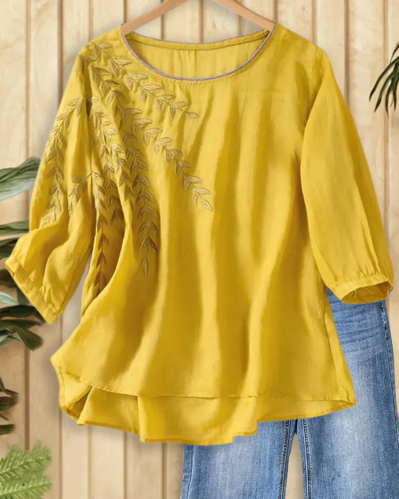 Embroidered Leaf Contrast Trim High Low Hem 3/4 Sleeve Blouse