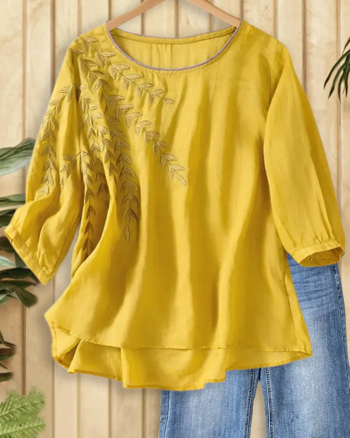 Embroidered Leaf Contrast Trim High Low Hem 3/4 Sleeve Blouse