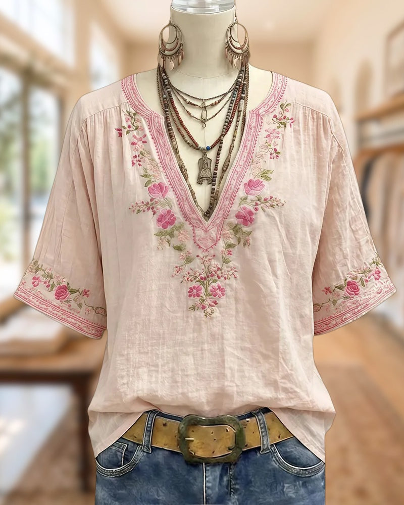 Floral Embroidery Pretty V Neck Blouse