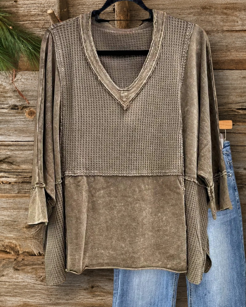 Waffle Patchwork Retro V Neck Shirt
