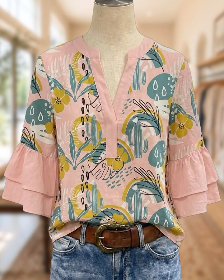 Tropical Tiered Flare Sleeve Blouse