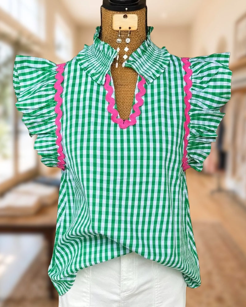 Plaid Ruffle Sleeve Scallop Trim V Neck Collared Blouse