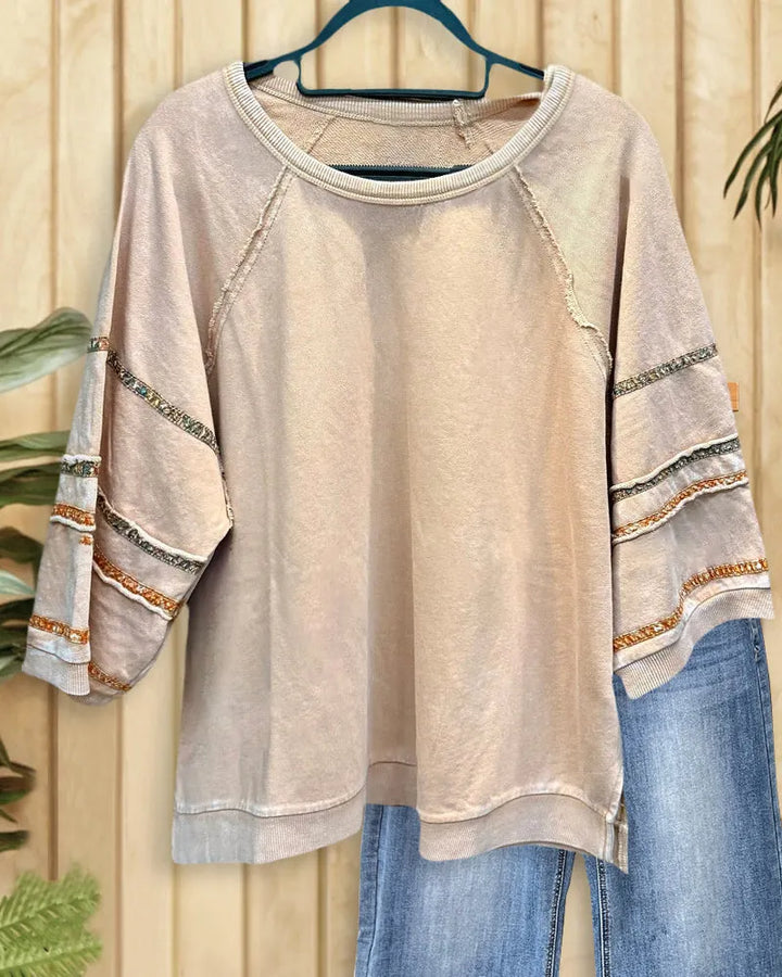 Distressed Hit Color Classic Round Neck Side Slit Shirt
