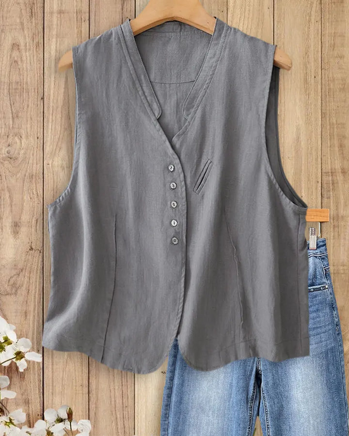 V Neck Button Front Sleeveless Loose Fit Casual Vest