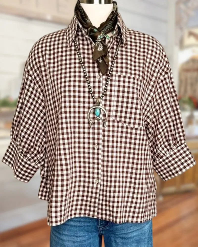 Plaid Collared Oversized 3/4 Sleeve Chest Pocket Casual Shirt