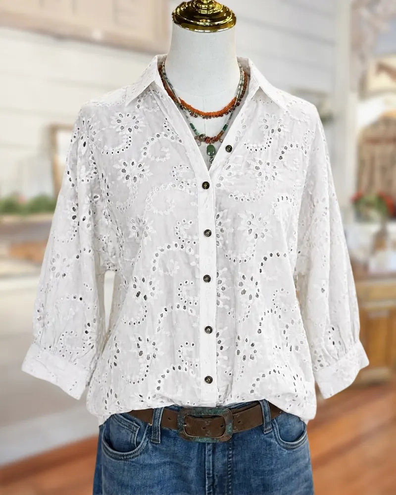 Collared Button Front Eyelet Embroidered 3/4 Sleeve Blouse