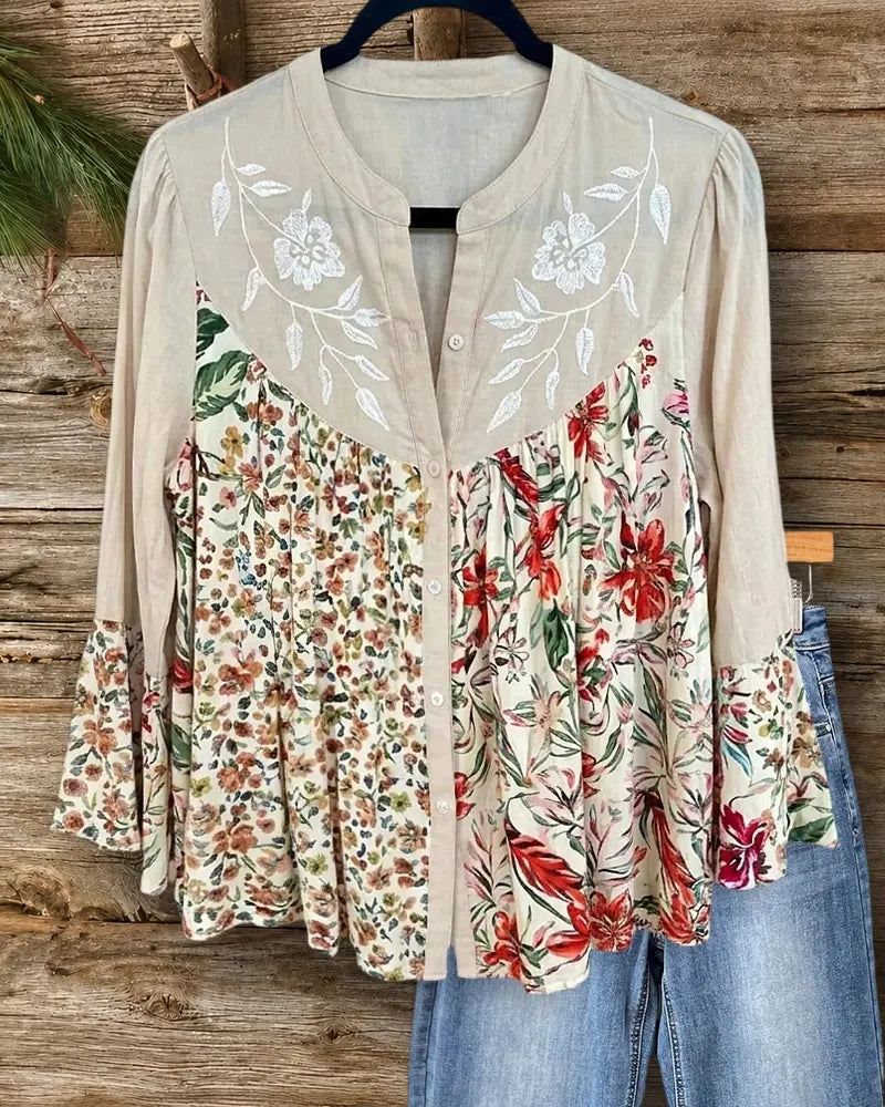 Embroidered Yoke Mixed Floral Print Flare Sleeve Button Front Blouse