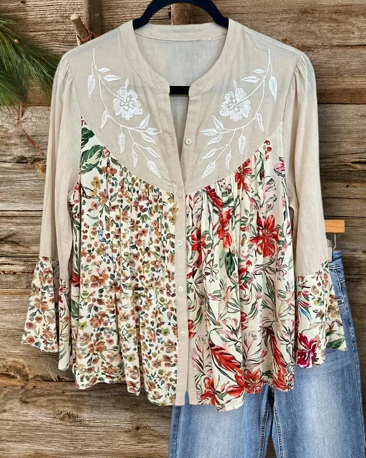 Embroidered Yoke Mixed Floral Print Flare Sleeve Button Front Blouse