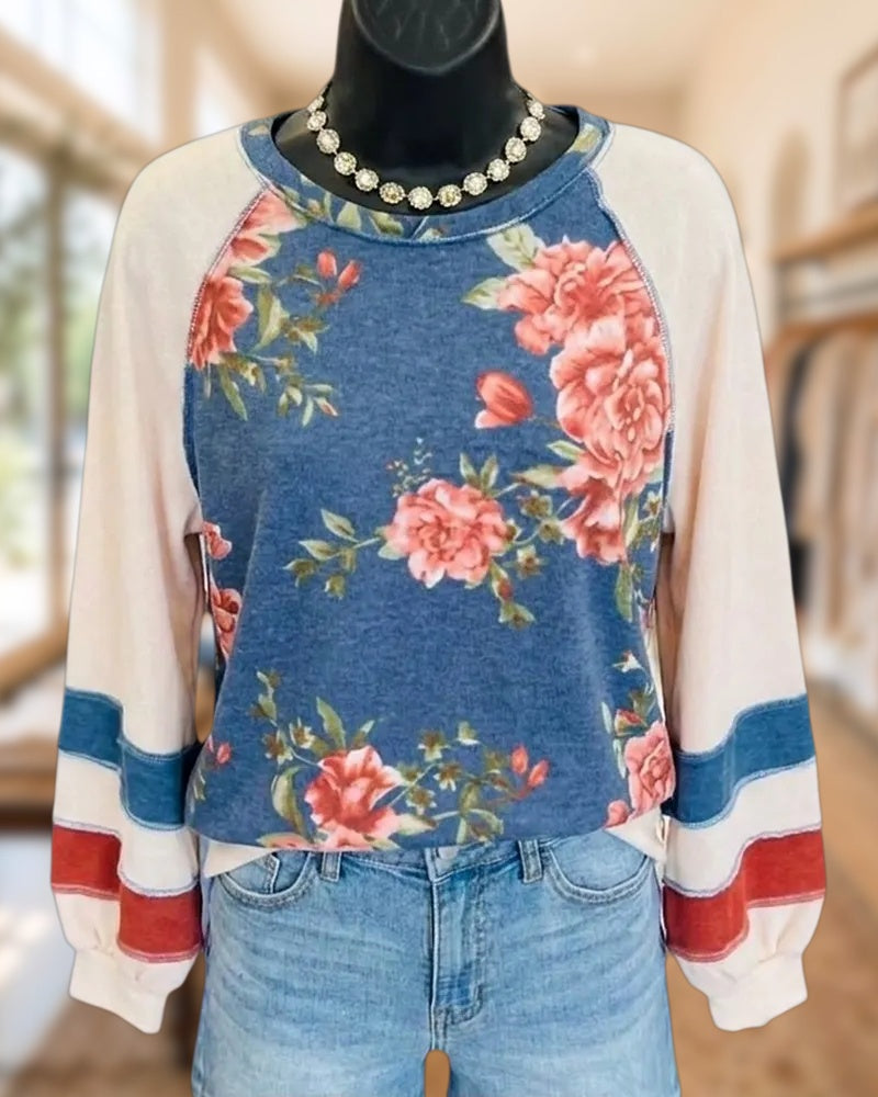 Floral Print Raglan Sleeve Striped Cuff Crew Neck Casual Sweatshirt